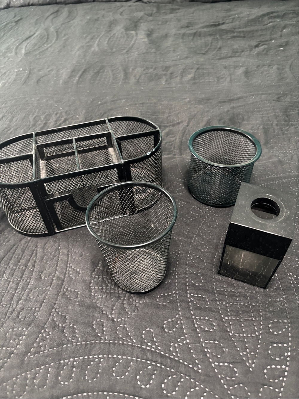 Black Mesh Desk Organizer Set - Pen Cups & Caddy
